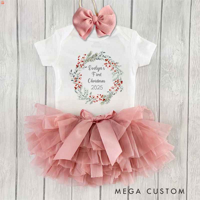 Personalized Elegant First Christmas Wreath Design with Name and Year for Festive Babies Baby Tutu Skirt