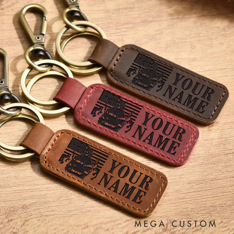 Personalized Leather Keychain with Firefighter and American Flag Design Customized Gift for Firefighter