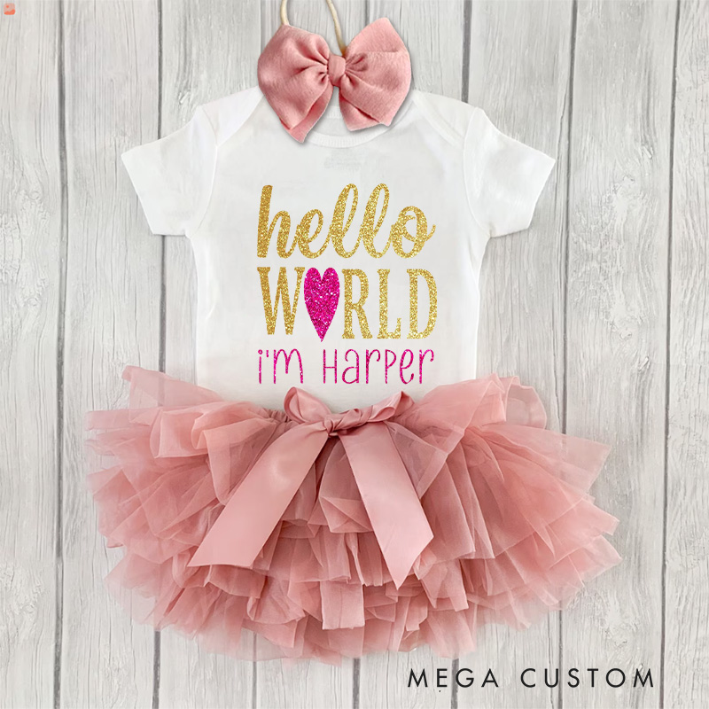Personalized Glittery Hello World Design with Heart and Name for a Joyful Baby Announcement Baby Tutu Skirt