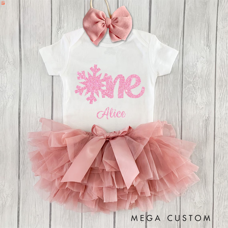 Personalized Silver Glitter Snowflake One Design with Name for a Winter Baby Birthday Baby Tutu Skirt