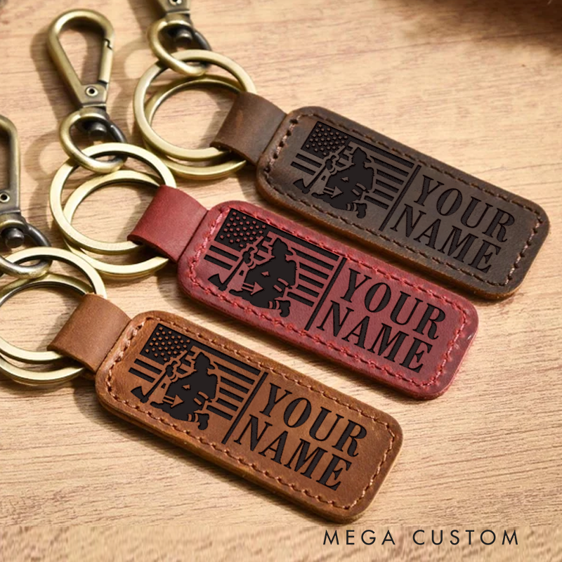 Personalized Leather Keychain with Firefighter and American Flag Design Customized Gift for Firefighter