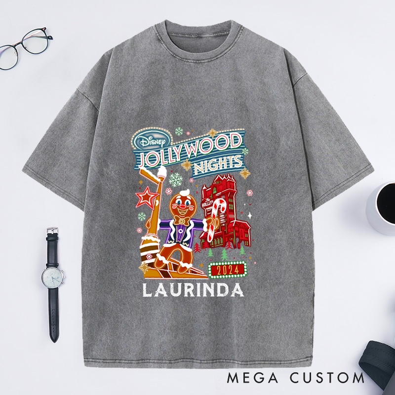 Personalized Jollywood Nights Washed T-Shirts Xmas Baking Party Shirt Christmas Family Trip Shirt