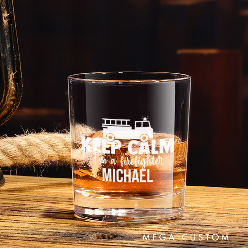 Personalized Firefighter Whiskey Glass Custom Keep Calm I'm a Firefighter Design Whiskey Glass Engraved Glasses Gift Firefighter Retirement Gift