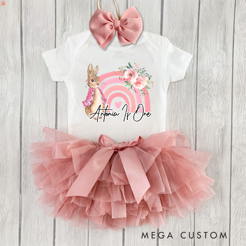Personalized Bunny and Pink Floral Rainbow First Birthday Outfit for Baby Girls Adorable Celebration Baby Tutu Skirt