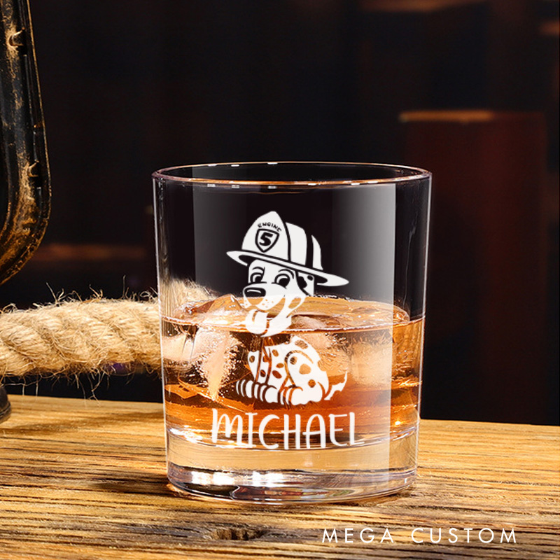Personalized Firefighter Whiskey Glass Custom Firefighter Dalmatian Design Whiskey Glass Engraved Glasses Gift Firefighter Retirement Gift
