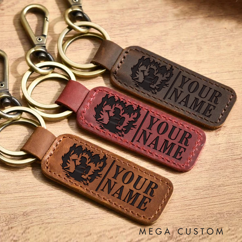 Personalized Leather Keychain with Firefighter Flames and Helmet Design Customized Gift for Firefighter