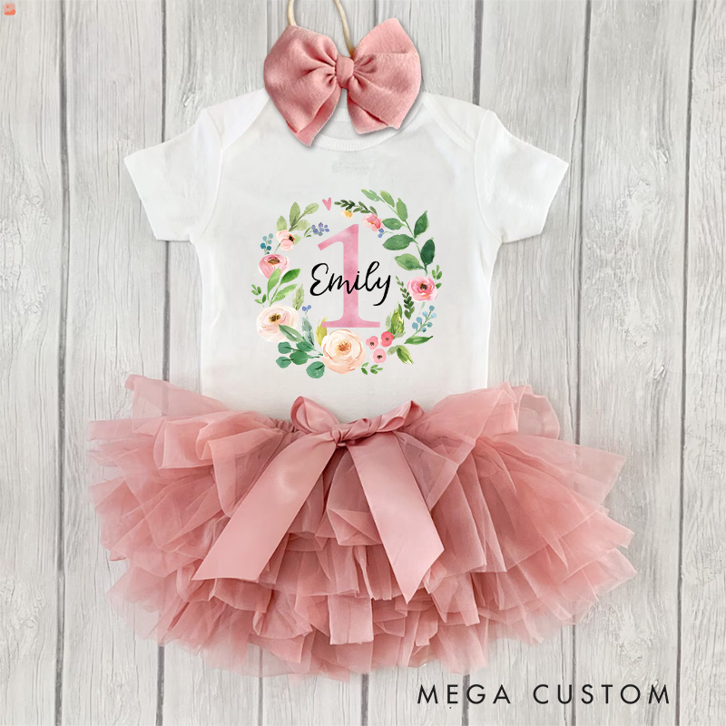 Personalized First Birthday Baby Tutu Skirt with Your Name Floral Birthday Gift Newborn Gift