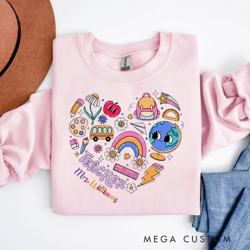 Personalized Teacher Sweatshirt School Related Elements Arranged in a Heart shape Appreciation Gift for Teachers