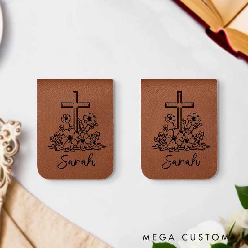 Personalized Devotion Flower Cross Magnetic Leather Bookmark Clip with Name Birthday Christmas Gift for Christian Book Lovers