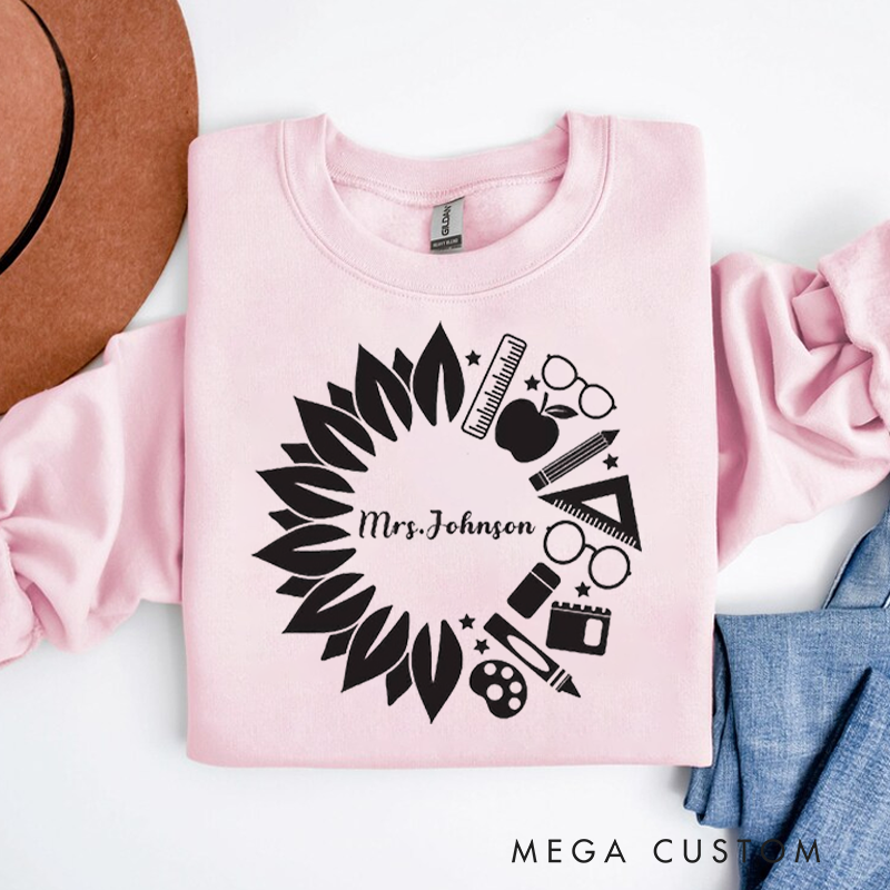 Personalized Hoodies for Teachers Sunflower Inspired Wreath Made up of School Themed Icons Hoodies Gift for Teachers