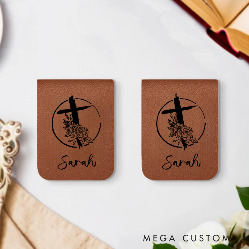 Personalized Circle Flower Cross Magnetic Leather Bookmark Clip with Name Birthday Christmas Gift for Christian Book Lovers
