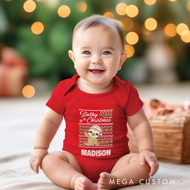 Personalized Sleighing Sloth Christmas Baby Onesie Perfect for a Fun and Whimsical Holiday Celebration Baby Onesie