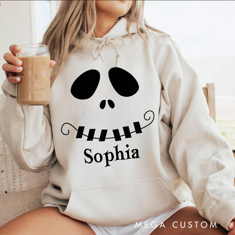Personalized Mysterious Grinning Skull Illustration for Trendy Halloween Hoodies