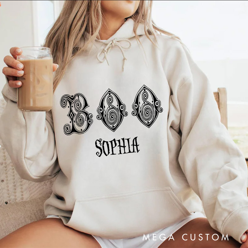 Personalized Boo with Intricate Swirl Accents for Stylish Seasonal Hoodies