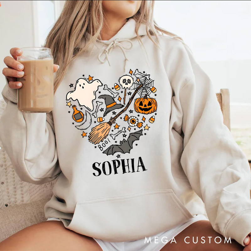Personalized Enchanting Halloween Heart Collage with Ghosts and Pumpkins for Festive Hoodies