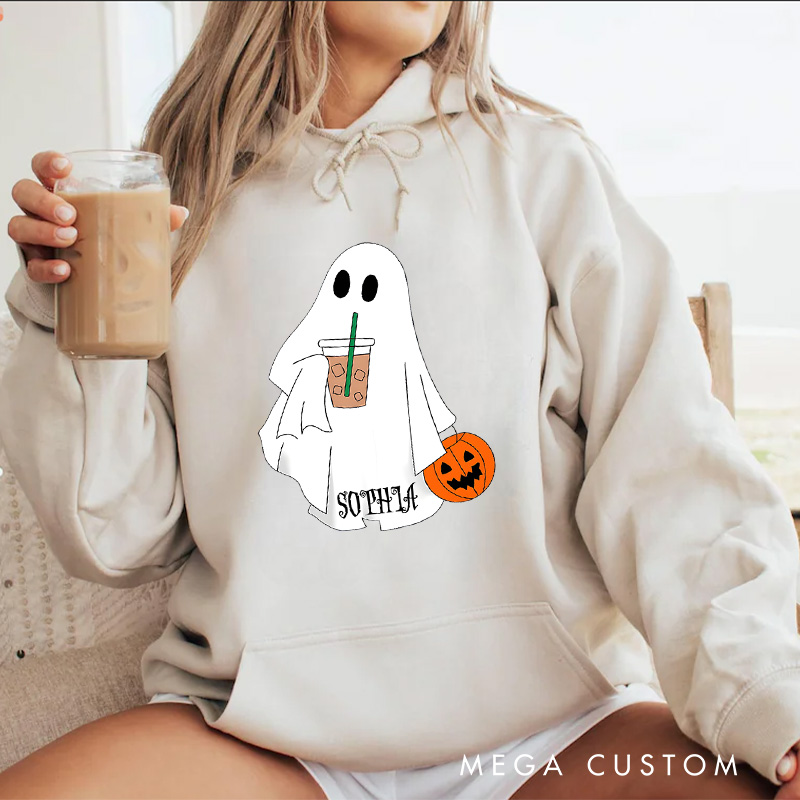Personalized Ghost Enjoying Coffee Illustration for Cozy and Playful Autumn Hoodies
