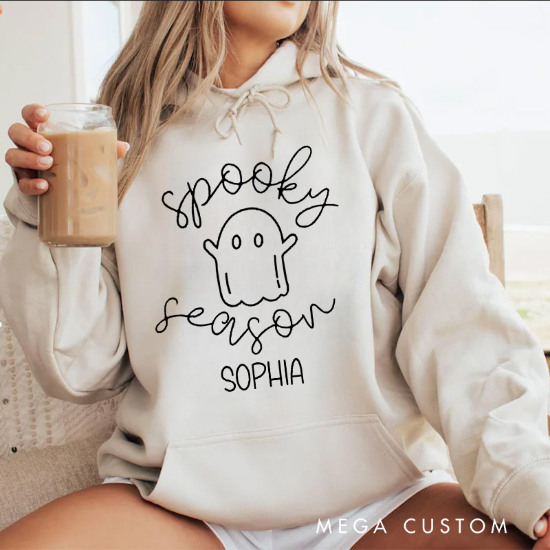 Personalized Playful Ghost with Spooky Season Script for Cozy Halloween Hoodies