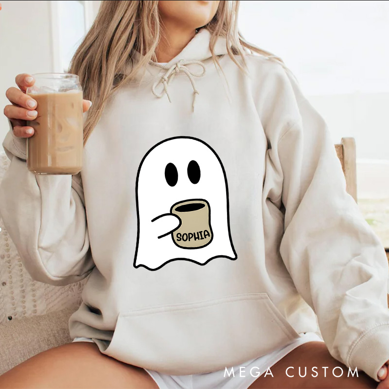 Personalized Coffee Loving Ghost Illustration for Relaxed and Cozy Autumn Hoodies