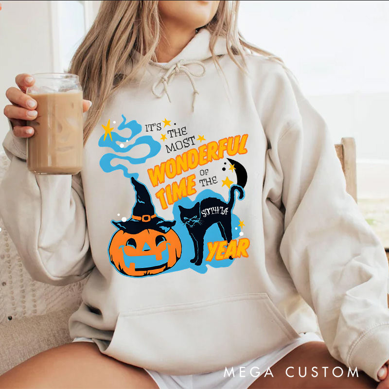 Personalized Wonderful Time Black Cat and Pumpkin for Magical Seasonal Hoodies