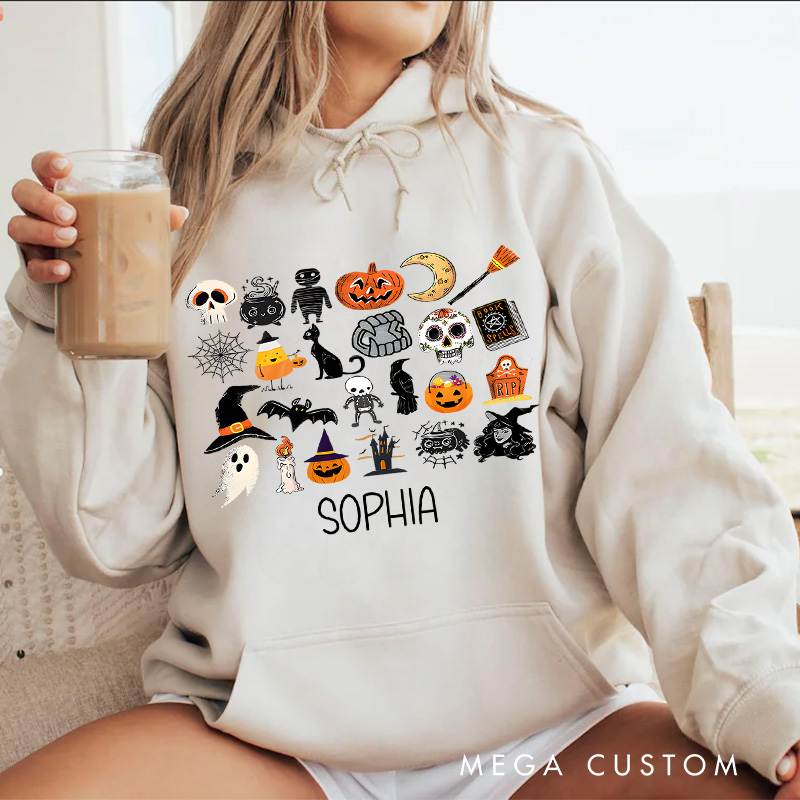 Personalized Halloween Icon Collage with Ghosts and Pumpkins for Festive Hoodies