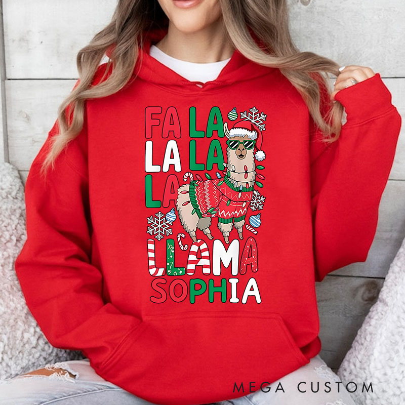 Personalized Fa La La Llama with Santa Hat and Scarf Christmas Hoodies