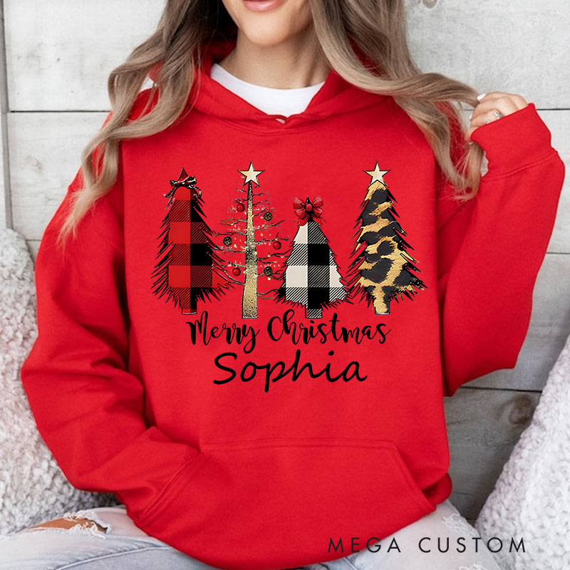 Personalized Plaid and Animal Print Christmas Trees with Bow Christmas Hoodies