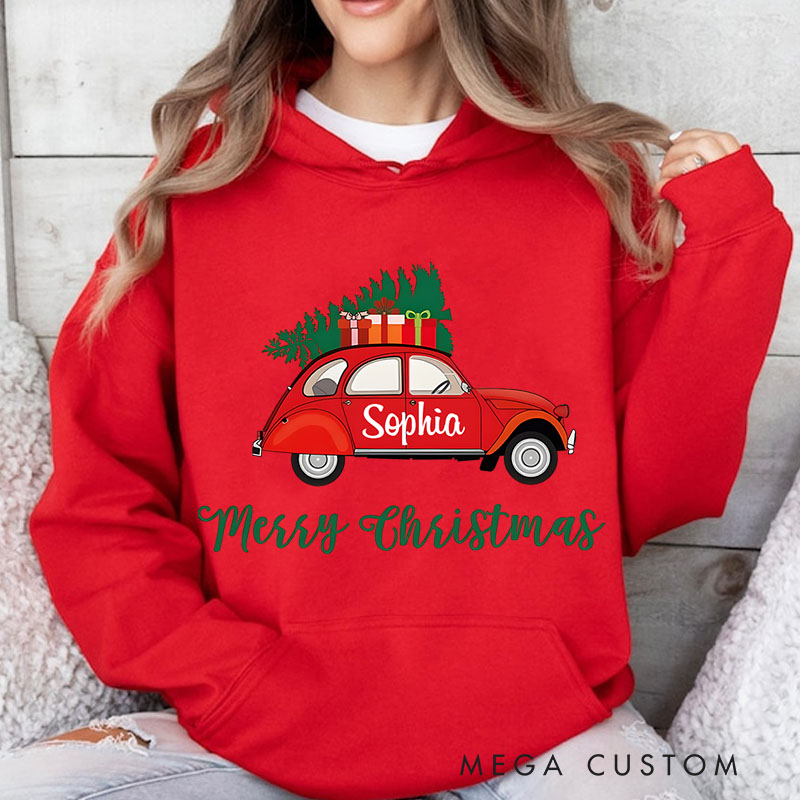 Personalized Red Car Carrying Christmas Tree with Merry Christmas Text Christmas Hoodies