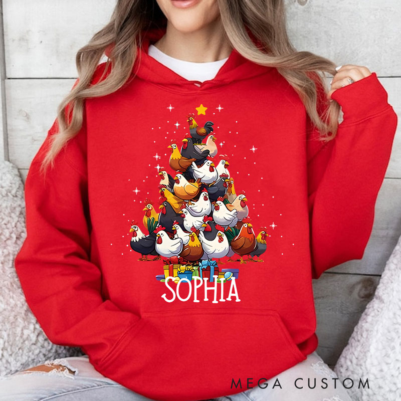 Personalized Chicken Stack Christmas Tree with Holiday Gifts Christmas Hoodies