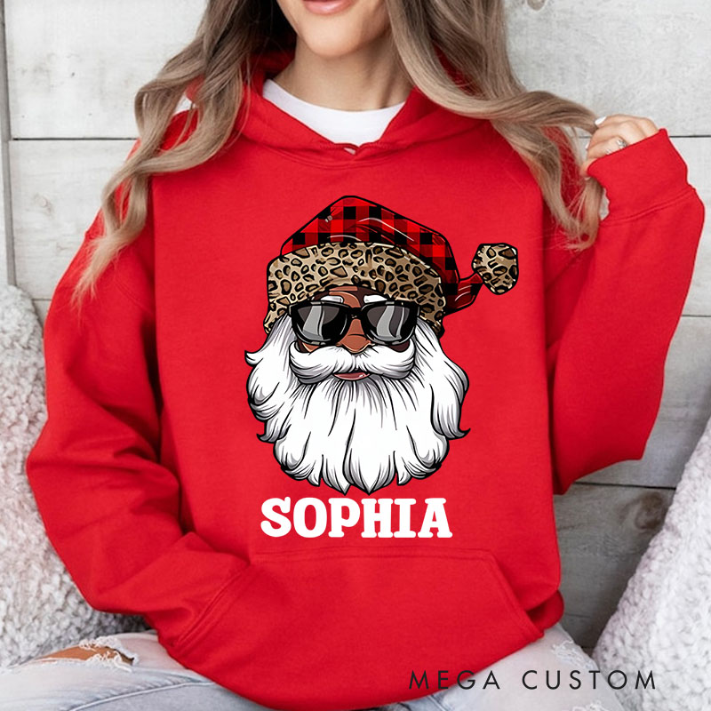 Personalized Santa with Plaid and Leopard Print Hat Christmas Hoodies