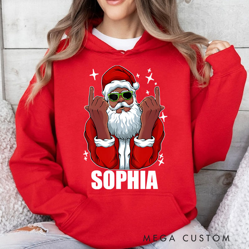 Personalized Cool Santa with Sunglasses and Rock Hand Gesture Christmas Hoodies