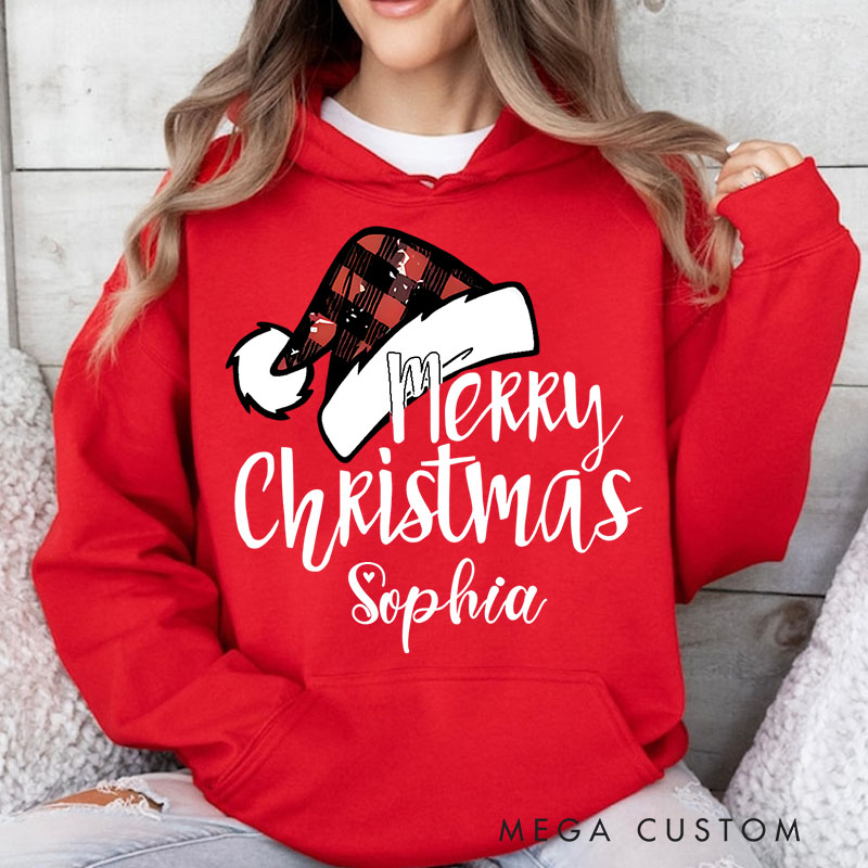 Personalized Merry Christmas with Buffalo Plaid Santa Hat Christmas Hoodies
