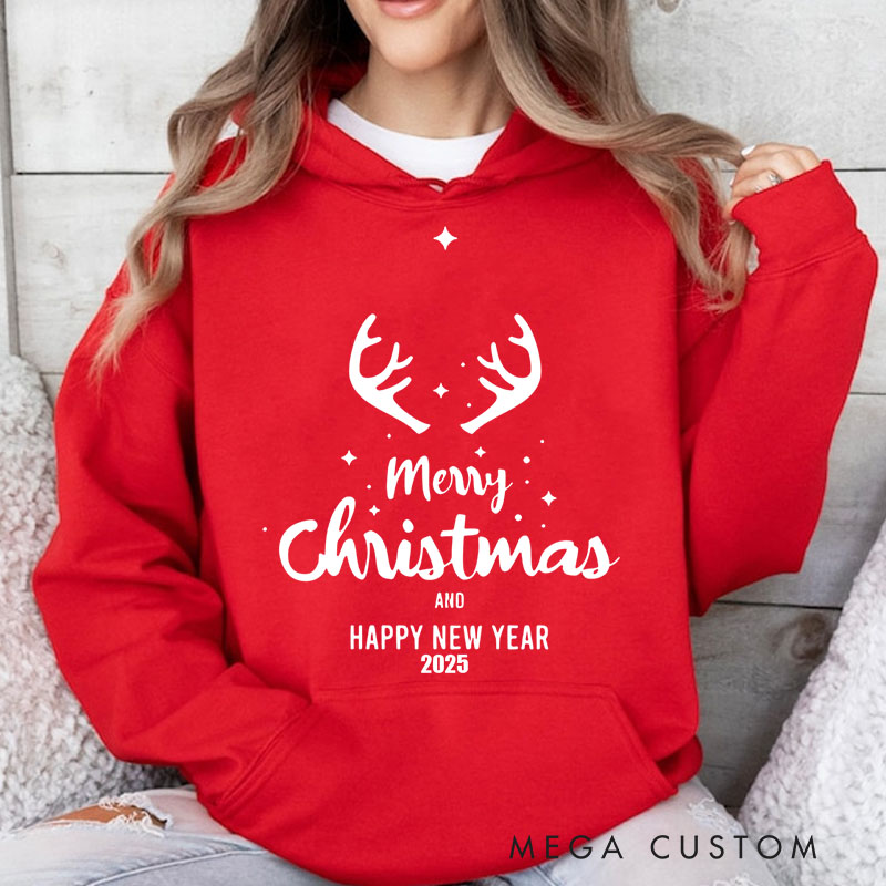 Personalized Merry Christmas and Happy New Year with Reindeer Antlers Christmas Hoodies