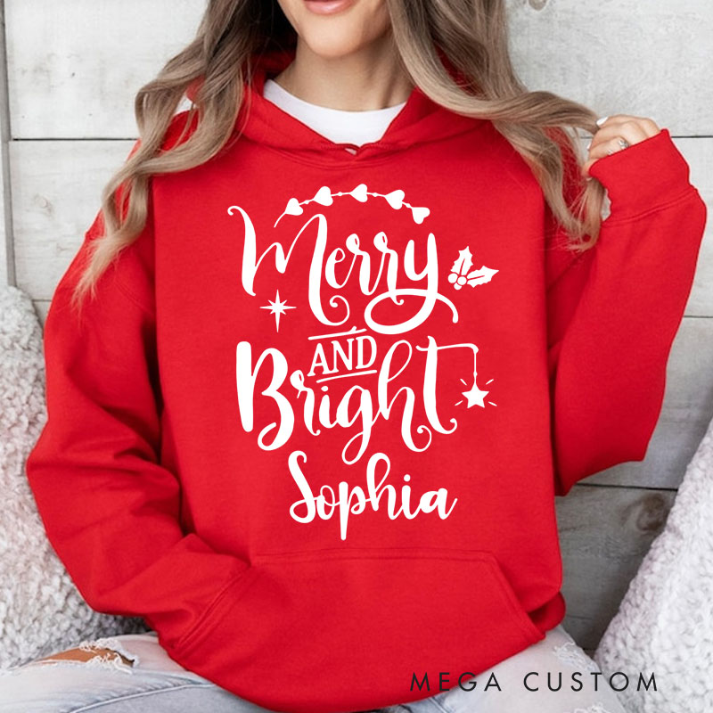 Personalized Merry and Bright with Holly and Festive Accents Christmas Hoodies