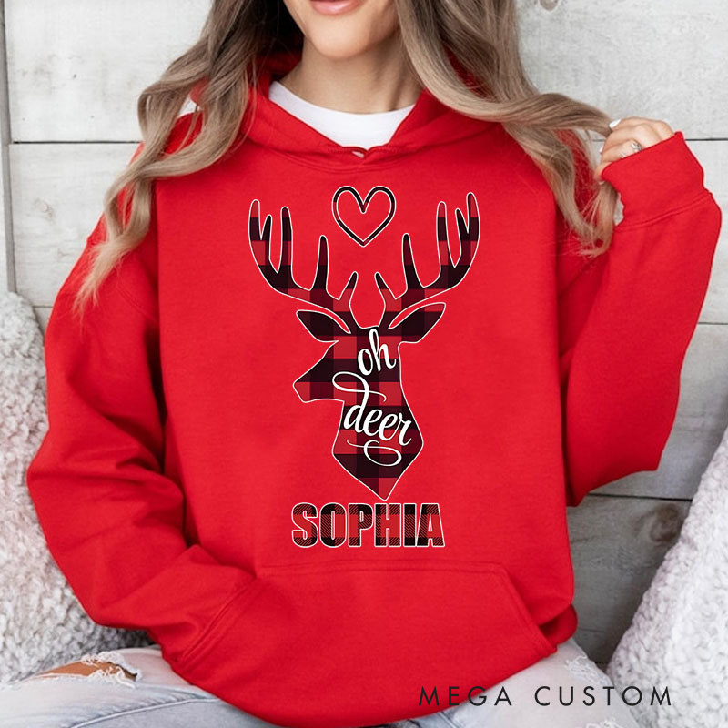 Personalized Oh Deer with Red Reindeer and Heart Christmas Hoodies