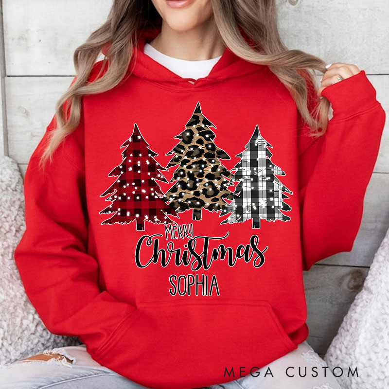 Personalized Red Plaid and Animal Print Christmas Trees Christmas Hoodies
