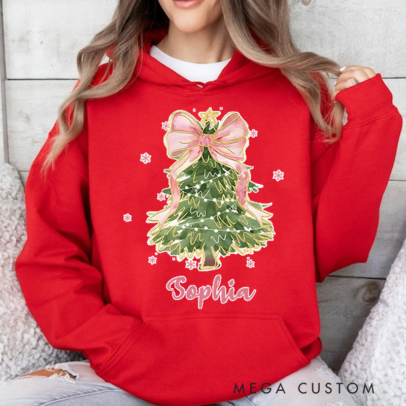 Personalized Christmas Tree with Pink Bow and Lights Christmas Hoodies