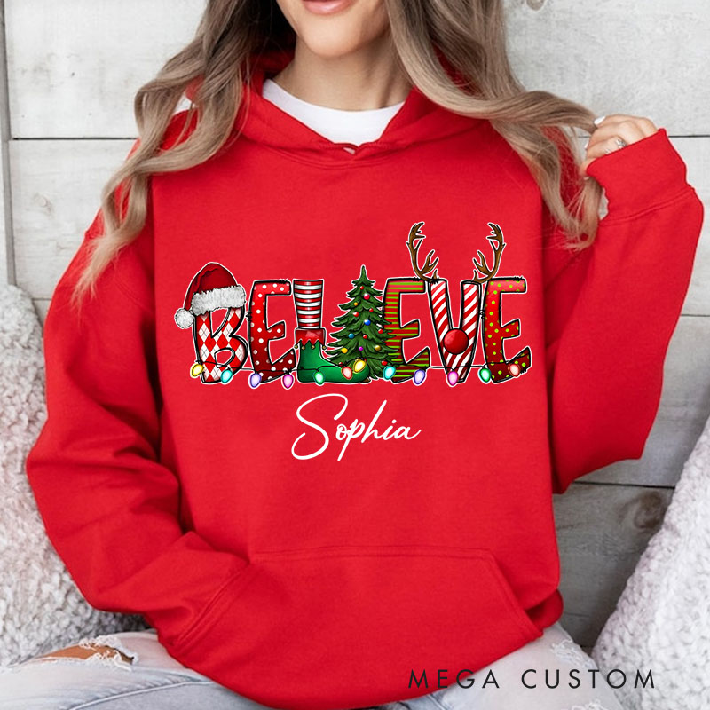 Personalized Believe with Holiday Icons and Reindeer Antlers Christmas Hoodies
