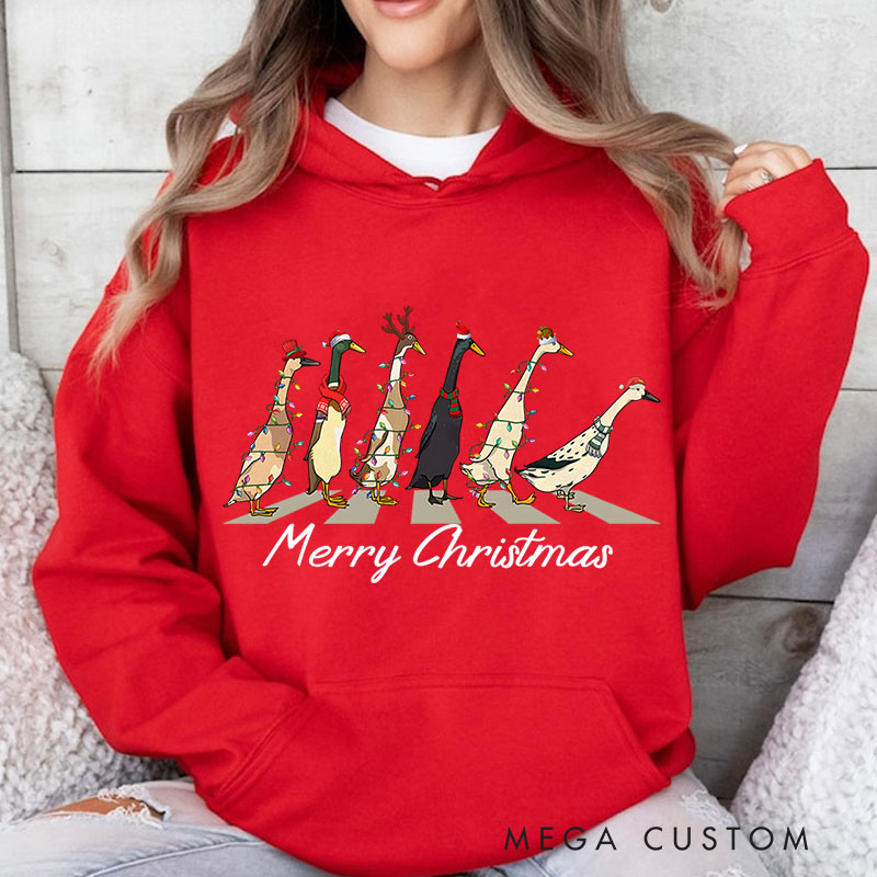 Personalized Geese Walking with Christmas Lights and Hats Christmas Hoodies