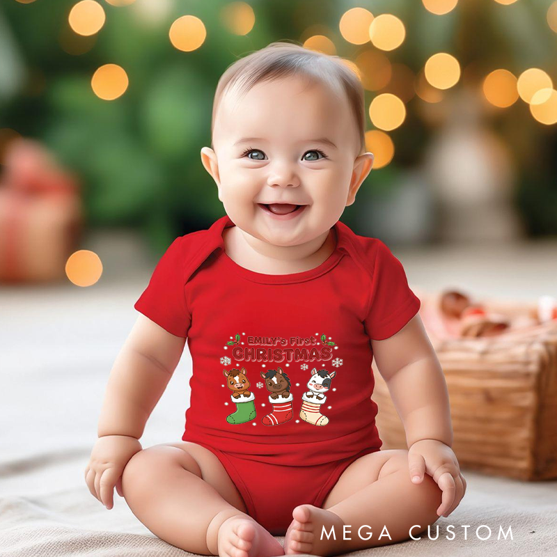 First Christmas Custom Name Baby Onesie Bodysuit with Christmas Stocking Cartoon Cow Design