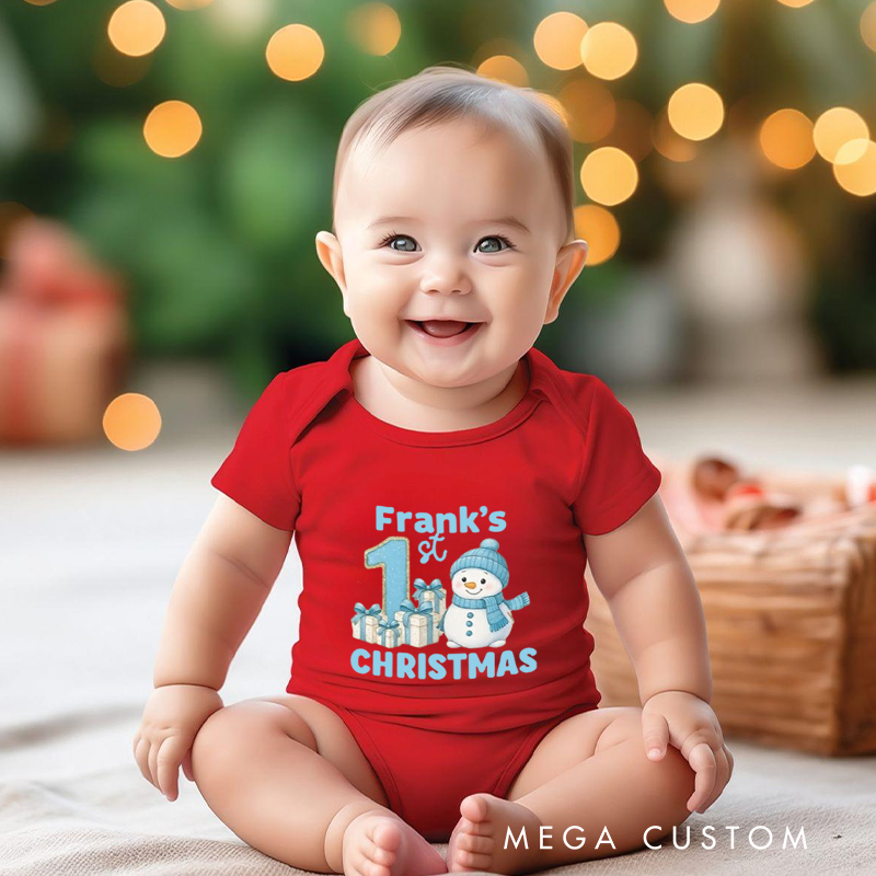 Personalized Baby Onesie and Xmas Baby Bodysuit with Snowman and Gift Design for Baby's 1st Christmas