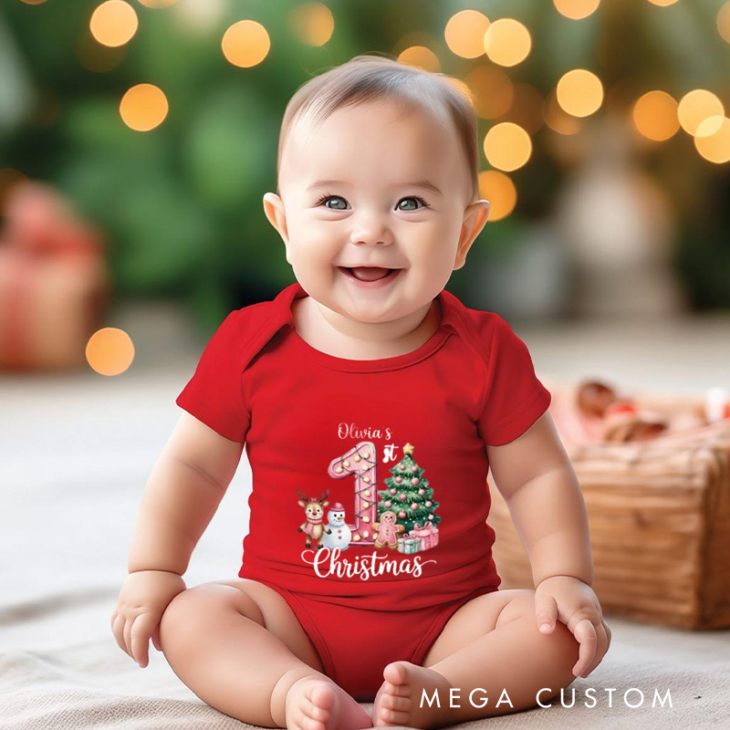 Personalized Baby Onesie and Xmas Baby Bodysuit with Deer Snowman and Christmas Tree Design for Baby's 1st Christmas