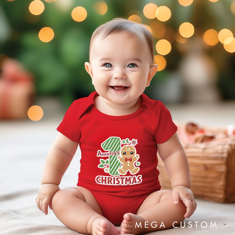 Festive Fun Baby Onesie and Xmas Baby Bodysuit with Gingerbread Man Design for Baby's 1st Christmas