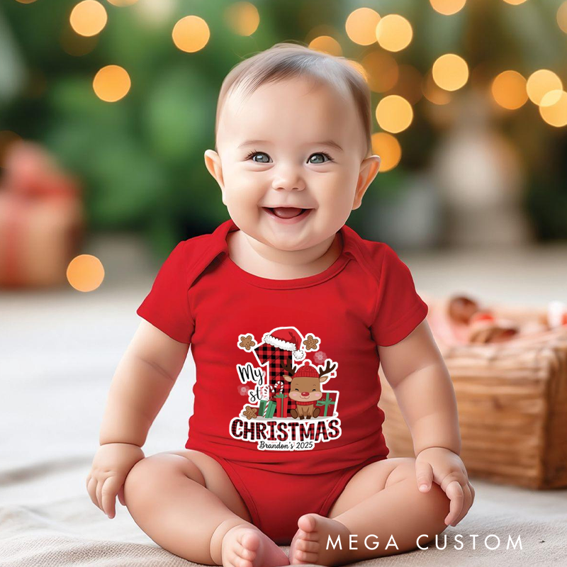 Festive Joy Baby Onesie and Xmas Baby Bodysuit with Reindeer and Gift Design for Baby's 1st Christmas