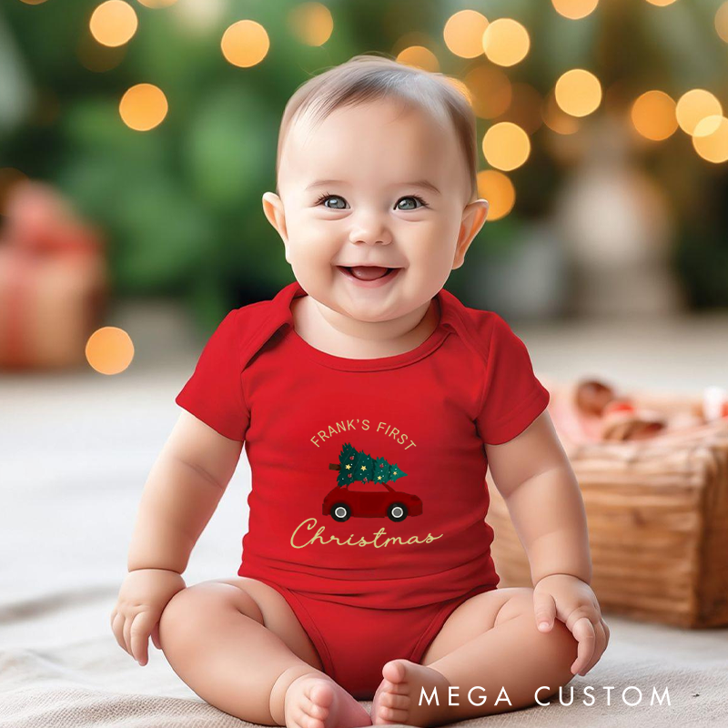 Personalized Baby Onesie and Xmas Baby Bodysuit with Car and Christmas Tree Design for Baby's 1st Christmas