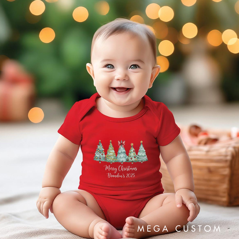Personalized Baby Onesie and Xmas Baby Bodysuit with Forest Christmas Tree Design for Christmas in 2025