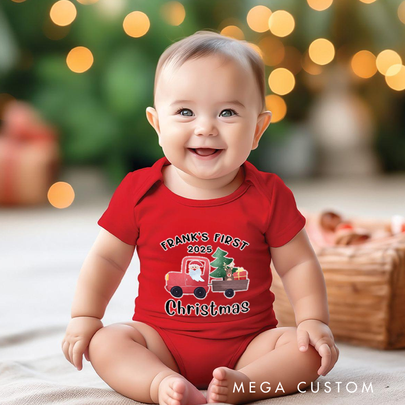 Personalized Baby Onesie and Xmas Baby Bodysuit with Santa and Christmas Tree Truck Design for Baby's 1st Christmas