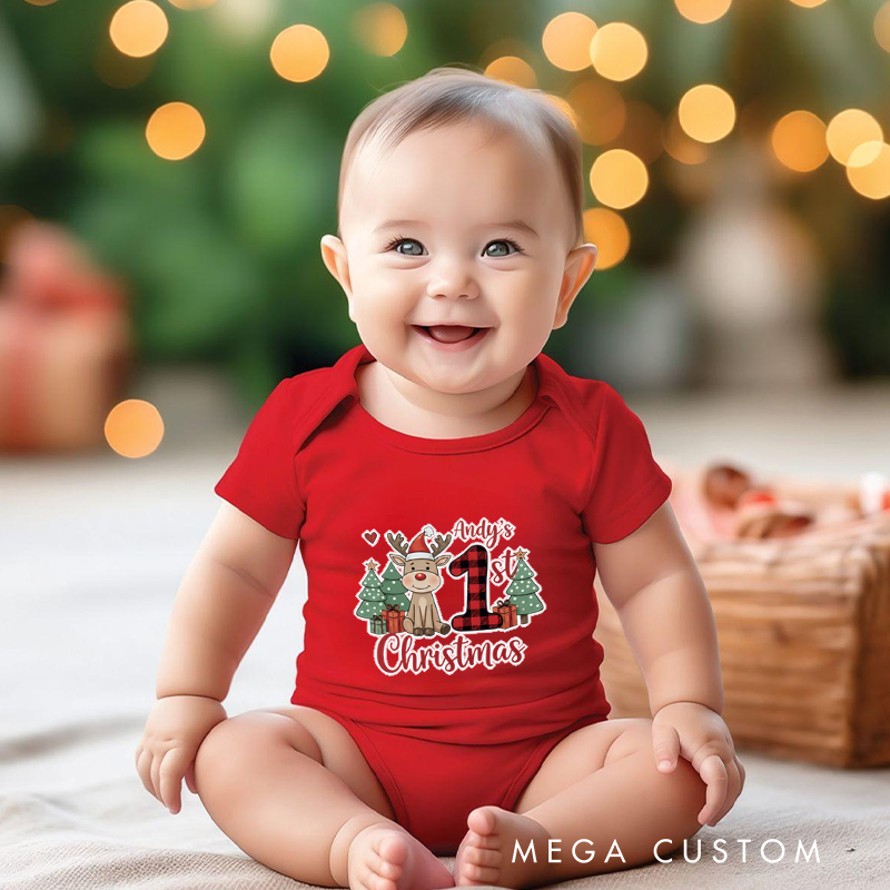 Personalized Baby Onesie and Xmas Baby Bodysuit with Painted Reindeer and Christmas Tree Design for Baby's 1st Christmas