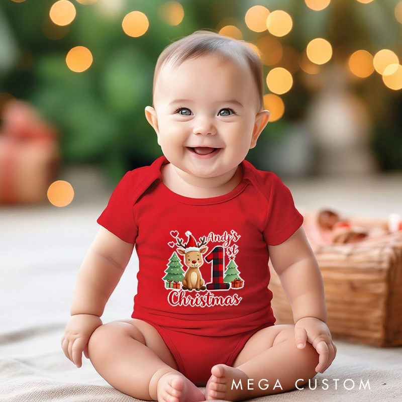 Personalized Baby Onesie and Xmas Baby Bodysuit with 3D Reindeer and Christmas Tree Design for Baby's 1st Christmas