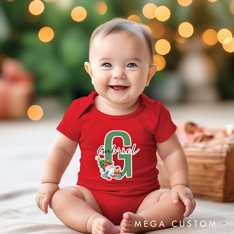 Personalized Baby Onesie and Holiday Baby Bodysuit with Santa and Christmas Tree Design Featuring Baby's Initial for a Festive Look