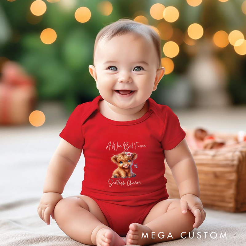 Personalized Baby Onesie and Scottish Themed Baby Bodysuit with Adorable Highland Cow and Butterfly Design for a Charming Touch
